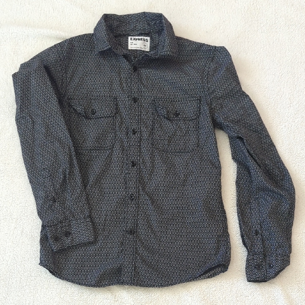 Express Men's Black And White Patterned Shirt